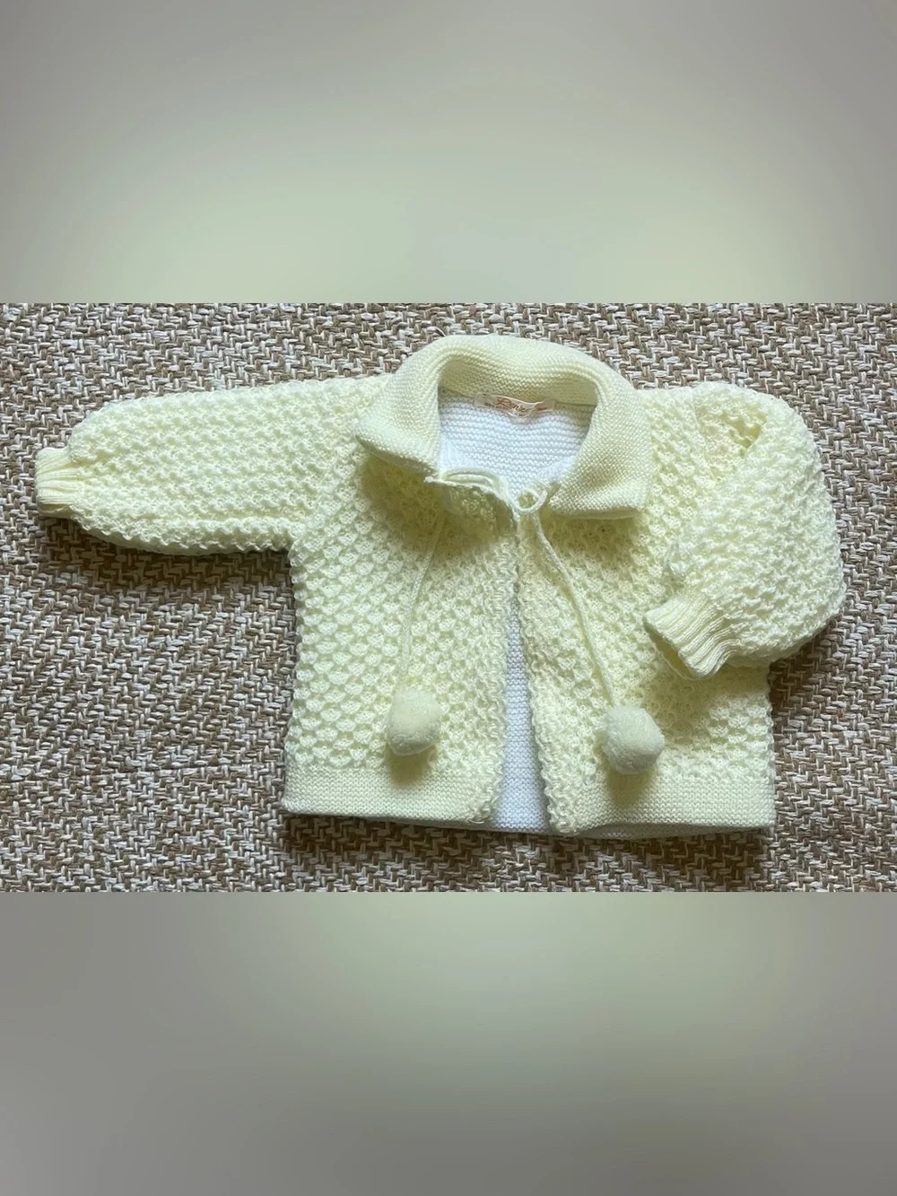 Vintage Renzo Imports Italy Pastel Yellow Knit Baby Cardigan Pom Pom